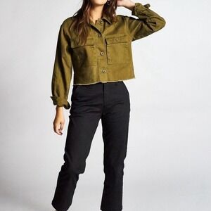 Brixton Abbot L/S Overshirt Olive Green Cropped Raw Hem Denim Sz M Grunge Skater